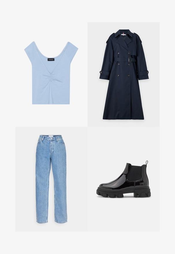 Tommy Hilfiger OVERSIZED - Ballonkabát - desert sky; Világoskék, rövid ujjú felsőrész, puha anyagból készült, gyűjtött elülső résszel, kerek nyakkivágással és fodros díszítéssel a nyakkivágás mentén.; Világoskék farmernadrág egyenes szárú szabással, gombos és cipzáras záródással, öt zsebbel és középmagas derékkal.; Fekete lakkbőr Chelsea csizmák elasztikus oldalpanelek, tömör textúrájú talp és hátsó húzófül a könnyű felvétel érdekében.