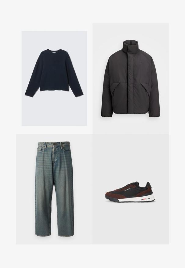Must musternahkiga must puffer-jakk, millel on kõrge krae, peidetud esi tõmblukk, küljetaskud ja ülemisel vasakul rinnal tikitud logo.; Tumesinine pikkade varrukatega kootud sviiter, millel on ümmargune kaelus ja veidi langetatud õlavarrekoht, lihtsal heledal taustal.; Heledad sinine denim-stiilis teksad, volüümse lõike, keskmise kõrgusega talje ja sirgete säärega. Omab viit taskut, vöökumme ja nööpide sulgemist.; Tommy Hilfiger RETRO RUNNER MIX - Tossud - black/cocoa