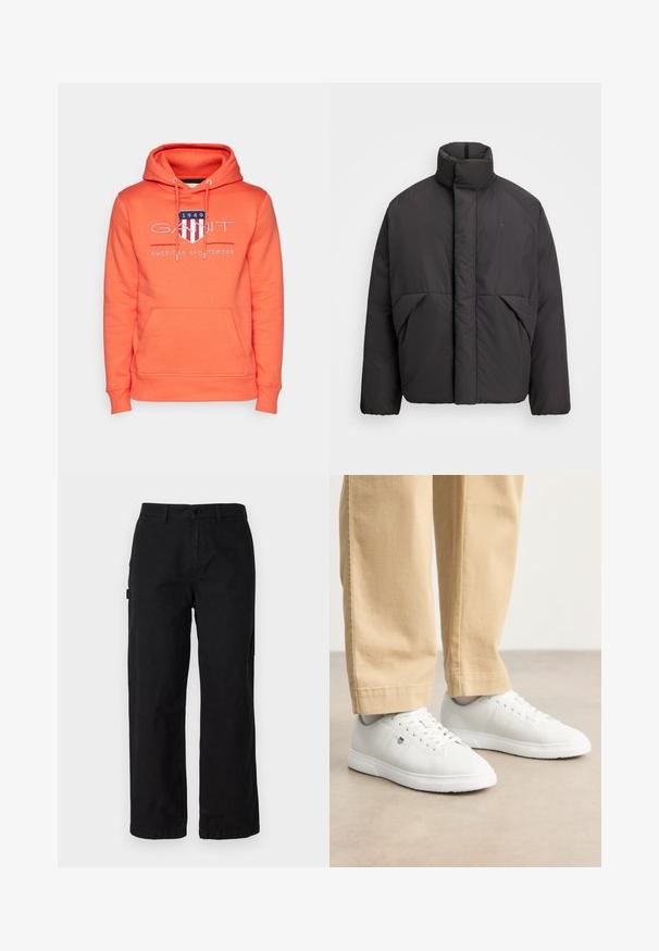 Schwarze Pufferjacke mit hohem Kragen, verdecktem Front-Reißverschluss, Seitentaschen und gesticktem Logo auf der linken oberen Brust.; GANT ARCHIVE SHIELD - Kapuzenpullover - orange; Schwarze Baumwoll-Cargohosen mit geradem Bein, ausgestattet mit Seitentaschen und einem vorderen Knopfverschluss. Langlebiger Stoff mit einer glatten Textur.; Weiße Ledersneaker mit glatter Oberfläche, runde Zehenpartie, Schnürdesign und dezente Logo-Details an der Seite, kombiniert mit beigen Hosen.