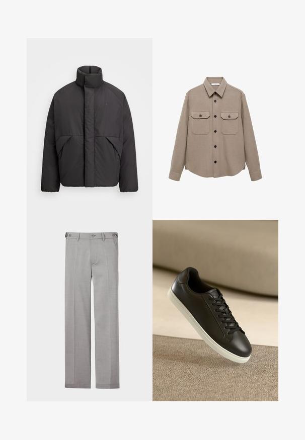 Svart puffjacka med hög krage, dold framdragkedja, sidofickor och broderad logotyp på vänster bröst.; Beige skjortjacka gjord av mjukt tyg, med klassisk krage, långa ärmar, två bröstfickor och knappstängning fram.; Grå skräddarsydda byxor med rak bendesign, tillverkade av mjukt tyg. Har två framfickor och dubbel knappstängning i midjan.; Svarta lädersneakers med vit gummisula och svarta snörningar, placerade mot en beige tygyta och bakgrund.