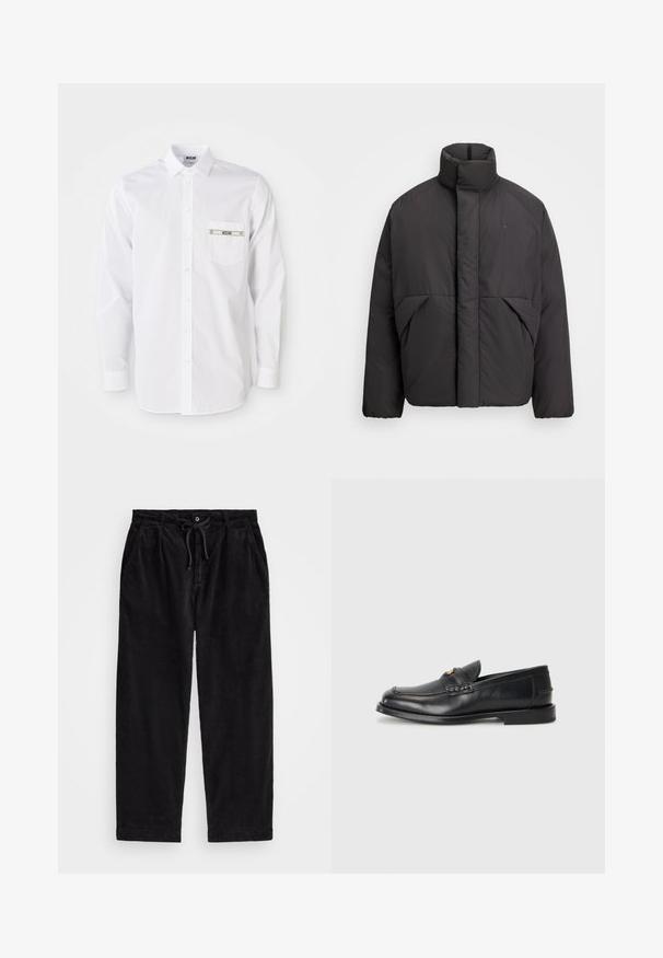 Zwart gewatteerd jack met hoge kraag, verborgen rits aan de voorkant, zijzakken en geborduurd logo op de bovenste linkerkant van de borst.; Witte lange mouwen shirt van katoen. Heeft een knoopsluiting aan de voorkant, een puntige kraag en een kleine zak met branding op de borst.; Zwarte corduroy broek met een relaxte pasvorm, voorzien van een elastische tailleband met een koord, en zijzakken. De stof vertoont een ribbelstructuur.; Zwarte leren instappers met een ronde neus, gestikte details en een kleine gouden accent aan de voorkant. De zool is plat en discreet.