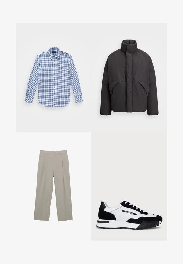 Černá prošívaná bunda s vysokým límcem, skrytým předním zipem, bočními kapsami a vyšívaným logem na levém horním prsu.; Modrá a bílá kostkovaná košile s dlouhým rukávem, s límcem na knoflíky a malým vyšitým logem na hrudi. Bavlněný materiál.; Světle šedé kalhoty širokého střihu s hladkým povrchem, s předními sklady, zapínáním na knoflík a bočními kapsami.; Tenisky s černým semišem a bílou koženou svrchní částí, s černou gumovou podrážkou, bílými tkaničkami a logem "POLO SPORT" na boku.