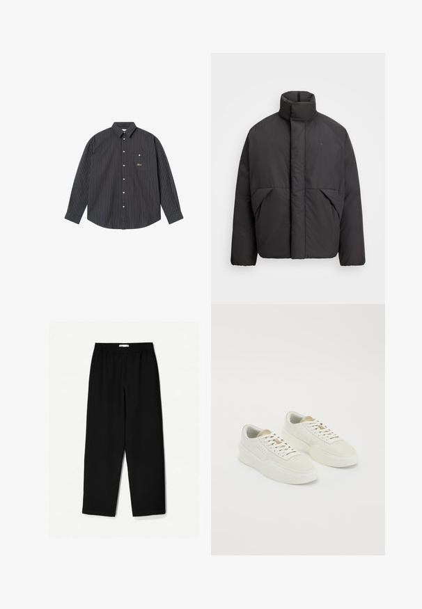 Giacca a vento nera con colletto alto, zip frontale nascosta, tasche laterali e logo ricamato sulla parte superiore sinistra del petto.; Camicia a maniche lunghe blu navy con sottili righe verticali in azzurro e arancione, colletto con bottoni, taschino sul petto e logo ricamato.; Pantaloni neri a gamba larga realizzati in un tessuto leggero. Presentano una vita elasticizzata e una texture liscia. Senza motivi visibili o accessori.; Un paio di sneaker low-top color avorio con accenti beige, suole spesse e lacci bianchi su uno sfondo bianco semplice.