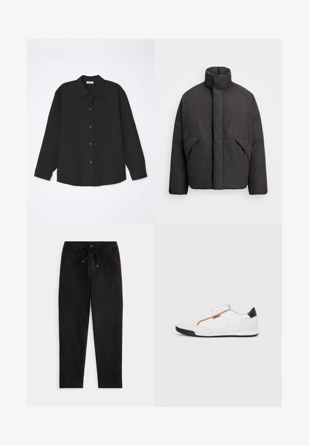 Crna puffer jakna s visokim ovratnikom, skrivenim prednjim patentnim zatvaračem, bočnim džepovima i izvezenim logotipom na gornjem lijevom prsnom dijelu.; sandro JOKER - Majica - noir; Crne ležerne hlače s elastičnim pojasom, vezicom, prednjim gumbom i bočnim džepovima, prikazane na jednostavnoj pozadini.; Bijele atletske tenisice s mrežastim i kožnim detaljima. Imaju zlatni "BOSS" logo, teksturirane bočne panele i crnu kapicu na peti. Gumeni potplat.