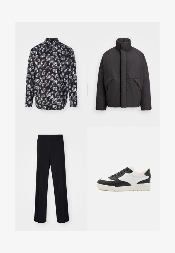 Czarna puchowa kurtka z wysokim kołnierzem, ukrytą z przodu zamkiem błyskawicznym, bocznymi kieszeniami i haftowanym logo na górnej lewej stronie klatki piersiowej.; Czarna koszula z długim rękawem z białym wzorem róż, z kołnierzykiem i zapinana na guziki. Wykonana z lekkiego materiału o gładkiej strukturze.; Czarne spodni z szerokimi nogawkami, charakteryzujące się gładką teksturą i wyraźnymi fałdami, wykonane z tkaniny tkanej.; Czarno-biała sneaker z gładką skórzaną cholewką, zaokrąglonym noskiem i płaską gumową podeszwą. Posiada czarne sznurowadła i miękką wyściółkę wewnętrzną.