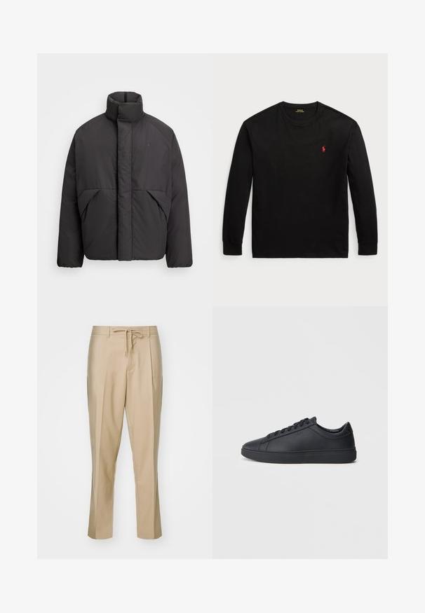 Juodas pūkinis švarkas su aukštu apykakle, paslėptu priekiu užtrauktuku, šoninėmis kišenėmis ir išsiuvinėtu logotipu viršutinėje kairėje krūtinės pusėje.; Juodas ilgomis rankovėmis t-shirt, pagamintas iš medvilnės. Turi apvalų kaklą, suglebusius rankogalius ir mažą raudoną siuvinėtą logotipą ant krūtinės. Lygi tekstūra.; Smėlio spalvos pritaikyti kelnių kostiumai su diržo juosta, tiesios kojos ir dvi šoninės kišenės. Pagaminta iš lygaus audinio, su aštriomis klostėmis.; Juodi sportbačiai, pagaminti iš lygaus odos, su žemu dizainu, apvalia nosimi ir plokščiu guminiu padu. Yra raišteliai ir subtilus ženklinimas.