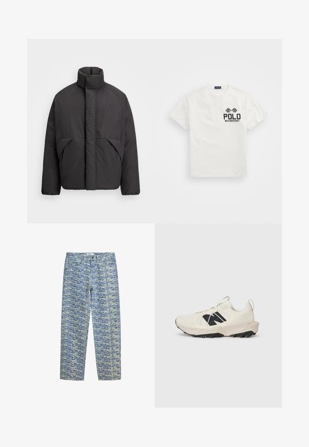 Čierna nafukovacia bunda s vysokým golierom, skrytým predným zipsom, bočnými vreckami a vyšitým logom na hornej ľavej strane hrudníka.; Biela bavlnená tričko s okrúhlym výstrihom, na ľavej hrudi s čiernym logom "Polo Motorsport" a prekrývajúcimi sa šachovnicovými vlajkami.; Svetlo modré džíny z denimu s textúrovaným, vlnkovým vzorom v tmavšej modrej a krémovej farbe. Majú štandardný dizajn s piatimi vreckami a predné zapínanie na gombík.; Svetlo béžové tenisky s vrchnou časťou z mäkkého materiálu, čiernym logom a textúrovanou podrážkou. Doplněné geometrickým vzorom na strednej podrážke.
