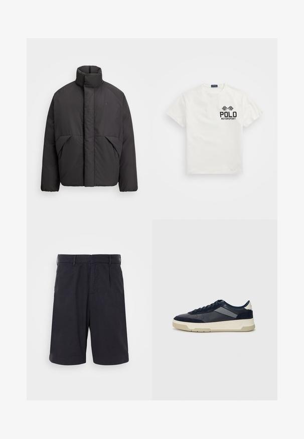 Casaco puffer preto com gola alta, fecho frontal oculto, bolsos laterais e logótipo bordado no lado superior esquerdo do peito.; Camiseta branca de algodão com gola redonda, apresentando um logo preto "Polo Motorsport" e bandeiras quadriculadas cruzadas no lado esquerdo do peito.; Calções de algodão azul-marinho com frente lisa, passadores para cinto, bolsos laterais e um corte relaxado, apresentando uma textura suave e um design limpo.; BOSS BALTIMORE - Sapatilhas - open blue