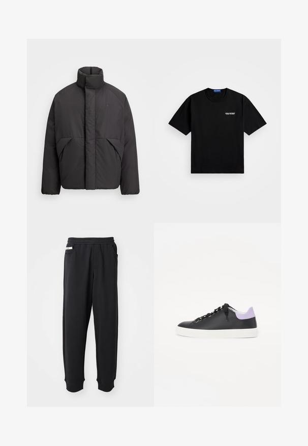 Zwart gewatteerd jack met hoge kraag, verborgen rits aan de voorkant, zijzakken en geborduurd logo op de bovenste linkerkant van de borst.; Zwarte katoenen T-shirt met een ronde halslijn en korte mouwen. Kenmerkt het 'POLO SPORT'-logo op de linker borst in het wit. Standaard pasvorm.; Zwarte sweatpants van zachte stof, met een elastische tailleband, zijzakken en geribbelde boorden bij de enkels. Minimalistisch ontwerp.; Zwarte leren sneaker met een witte rubberen zool, voorzien van zwarte veters, zilveren oogjes en een lichtpaarse accenten op de hiel.