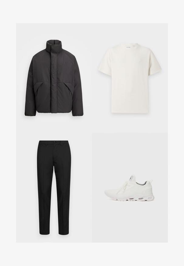 Čierna nafukovacia bunda s vysokým golierom, skrytým predným zipsom, bočnými vreckami a vyšitým logom na hornej ľavej strane hrudníka.; Biela krátka tričko s krátkym rukávom so žebrovanou textúrou. Okrúhly výstrih, uvoľnený strih, žiadne viditeľné vzory ani akcenty. Jednoduchý a všestranný dizajn.; Čierne nohavice vyrobené z hladkej tkaniny s úzkym strihom, s gombíkovým zapínaním, pútkami na opasok a rovným strihom nohavíc.; Biele športové topánky so štruktúrovaným pleteným zvrškom, plochými šnúrkami a odpruženou podrážkou s viditeľnými vzduchovými komorami pre dodatočnú podporu.