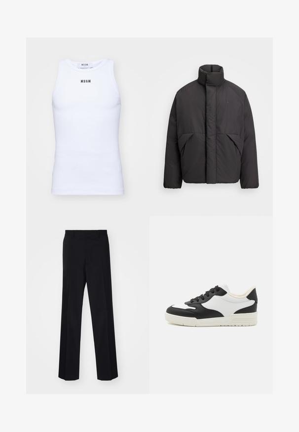 Czarna puchowa kurtka z wysokim kołnierzem, ukrytą z przodu zamkiem błyskawicznym, bocznymi kieszeniami i haftowanym logo na górnej lewej stronie klatki piersiowej.; MSGM - Top; Czarne spodni z szerokimi nogawkami, charakteryzujące się gładką teksturą i wyraźnymi fałdami, wykonane z tkaniny tkanej.; Czarno-biała sneaker z gładką skórzaną cholewką, zaokrąglonym noskiem i płaską gumową podeszwą. Posiada czarne sznurowadła i miękką wyściółkę wewnętrzną.