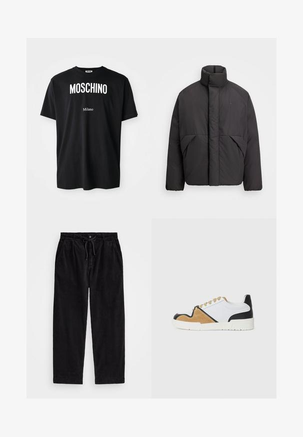Juodas pūkinis švarkas su aukštu apykakle, paslėptu priekiu užtrauktuku, šoninėmis kišenėmis ir išsiuvinėtu logotipu viršutinėje kairėje krūtinės pusėje.; Juodas medvilnės marškinėliai su apvaliu iškirpimu. Savybė - ryškus baltas tekstas: "MOSCHINO" viršuje ir "Milano" apačioje. Paprastas, klasikinis dizainas.; Juodo kanapinio audinio kelnių modelis, turintis laisvą siluetą, su elastingu juosmeniu ir raiščiu, bei šoninėmis kišenėmis. Audinys turi išilginę tekstūrą.; Baldai pagaminti iš baltos tekstilės su smėlio spalvos zomša ir juodais odiniais akcentais, su apvali nosimi, plokščiu raištelių dizainu ir tekstūruotu padu.