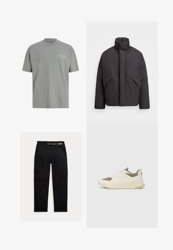 Černá prošívaná bunda s vysokým límcem, skrytým předním zipem, bočními kapsami a vyšívaným logem na levém horním prsu.; Šedé bavlněné tričko s kulatým výstřihem, krátkými rukávy a decentním bílým potiskem na levém prsu. Hladká textura a volný střih.; Černé kalhoty vyrobené z lehkého materiálu, s elastickým pasem a integrovaným zeleným páskem, rovného střihu a bočními kapsami.; Bílé a světle béžové atletické tenisky, které mají síťovaný svršek, perforované detaily a texturovanou mezipodešev s logem na patě.