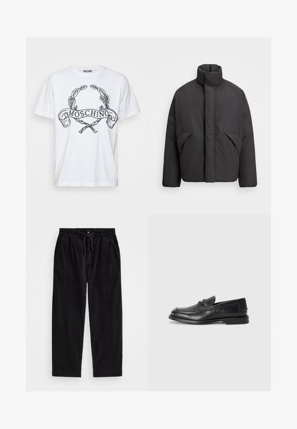 Črna napihnjena jakna s visokim ovratnikom, skritim sprednjim zadrgo, stranskimi žepi in vezenim logotipom na zgornjem levem prsnem delu.; Bela bombažna majica s kratkimi rokavi in okroglim izrezom, ki vsebuje črn grafični dizajn z oljčno venčkom in napisom "MOSCHINO".; Črne kord pants z udobnim krojem, ki imajo elastičen pas z vrvico in stranske žepke. Tkanina prikazuje rebrasto teksturo.; Črne usnjene loafersice imajo zaokrožen nosek, šivano detajliranje in majhen zlat akcent na sprednji strani. Podplat je raven in diskreten.