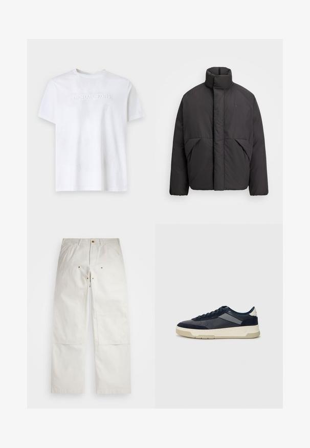 Chaqueta de plumas negra con cuello alto, cremallera frontal oculta, bolsillos laterales y logo bordado en la parte superior izquierda del pecho.; Camiseta blanca de manga corta con cuello redondo con el logo en relieve "MICHAEL KORS" centrado en el pecho sobre un fondo liso.; Pantalones de algodón blancos con un corte relajado, que cuentan con bolsillos frontales, adornos en dorado y detalles de parches en las rodillas.; BOSS BALTIMORE - Zapatillas - open blue