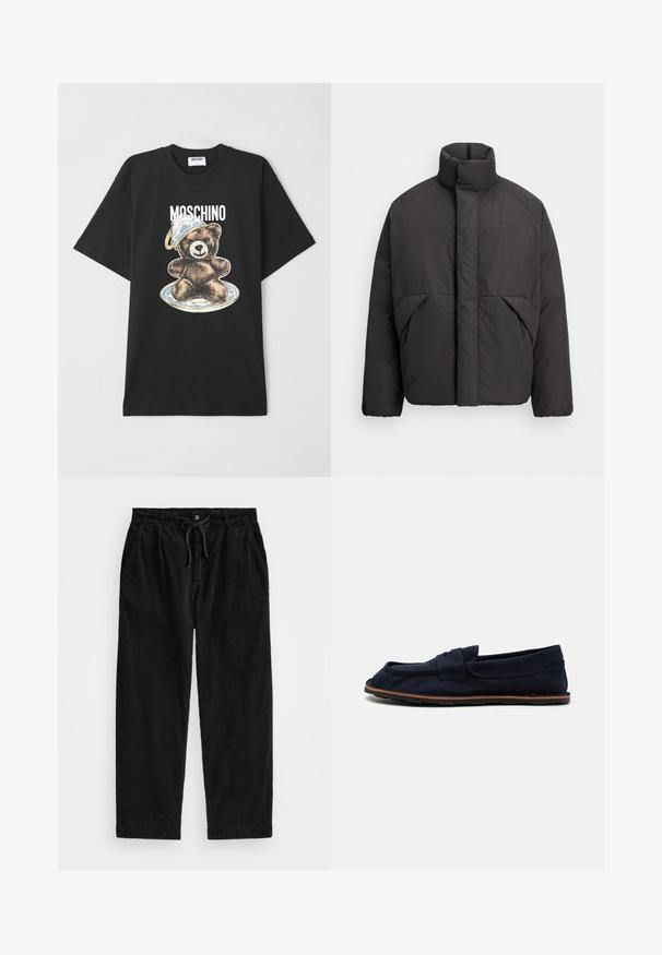 Must musternahkiga must puffer-jakk, millel on kõrge krae, peidetud esi tõmblukk, küljetaskud ja ülemisel vasakul rinnal tikitud logo.; Must musta T-särk, millel on bear graafika, mis kannab sinist ja valget mütsi, disaini kohal tekst "Moschino". Lühikesed varrukad, lõdvestunud istuvus.; Mustreeritud mustad korduroypassid, millel on vabalt langev lõige, elastse vöökoha ja nööriga, ning küljetaskud. Kangas on ribakujuline.; Tumesinine kangast paadisuhkruga jalanõud, millel on tasane tald, õmmeldud rihm üle jala ning pruunid kummist detailid taldadel haardevuse jaoks.