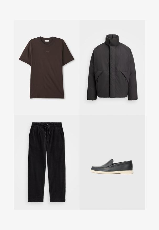 Crna puffer jakna s visokim ovratnikom, skrivenim prednjim patentnim zatvaračem, bočnim džepovima i izvezenim logotipom na gornjem lijevom prsnom dijelu.; Tamno smeđi kratki rukav T-maica s okruglim izrezom s logotipom "SANDRO" u središtu prsnog dijela i oznakom unutar izreza.; Crne kordura hlače s opuštenim krojem, koje sadrže elastičnu gumicu s vezicom i bočne džepove. Tkanina pokazuje rebrastu teksturu.; Crne kožne cipele na slip-on s teksturiranim završetkom i kontrastnom bež gumom. Imaju suptilan naglasak duž prednje strane.