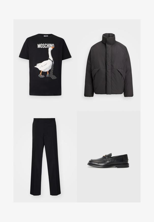 Černá prošívaná bunda s vysokým límcem, skrytým předním zipem, bočními kapsami a vyšívaným logem na levém horním prsu.; Černé tričko s bílou grafikou husy, která má na sobě puntíkovanou kravatu a černé boty. Nad motivem je nápis "Moschino" v bílém písmu.; Černé kalhoty na míru s širokým střihem, s hladkou texturou a ostrými záhyby, vyrobené z tkané látky.; Černé kožené loafers mají zaoblenou špičku, šité detaily a malý zlatý akcent na přední straně. Podešev je plochá a nenápadná.