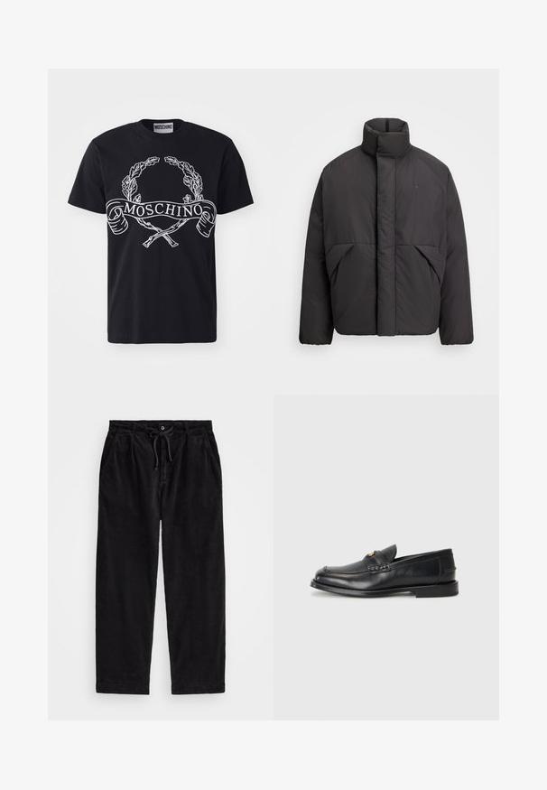 Črna napihnjena jakna s visokim ovratnikom, skritim sprednjim zadrgo, stranskimi žepi in vezenim logotipom na zgornjem levem prsnem delu.; Črna bombažna majica s kratkimi rokavi z belim tiskanim lovorovim vencem in imenom blagovne znamke "MOSCHINO" na traku; klasičen oblikovanje z okroglim vratom.; Črne kord pants z udobnim krojem, ki imajo elastičen pas z vrvico in stranske žepke. Tkanina prikazuje rebrasto teksturo.; Črne usnjene loafersice imajo zaokrožen nosek, šivano detajliranje in majhen zlat akcent na sprednji strani. Podplat je raven in diskreten.