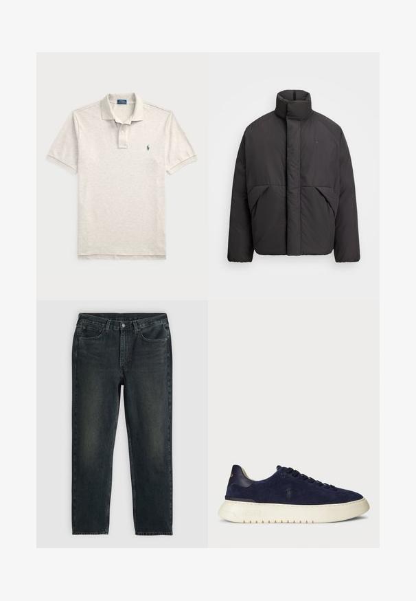 Casaco puffer preto com gola alta, fecho frontal oculto, bolsos laterais e logótipo bordado no lado superior esquerdo do peito.; Polo de cor cinza claro feito de algodão, com uma pala de três botões, mangas curtas e um pequeno logo verde no lado esquerdo do peito.; Jeans de denim azul-escuro com corte reto, apresentando cinco bolsos, fecho de zip e costura em contraste. Desgaste sutil no tecido.; Sapatilha baixa em camurça azul-marinho com uma superfície texturizada, sola de borracha e atacadores tonais, apresentando um pequeno logótipo de lado e no calcanhar.