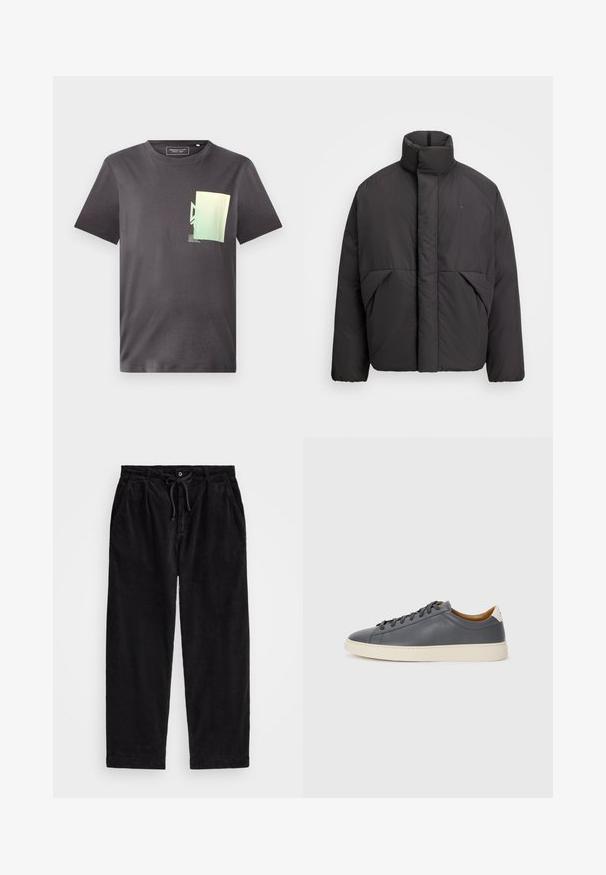 Sort pufferjakke med høj krave, skjult frontlynlås, sidelommer og broderet logo på den øverste venstre bryst.; Grå bomulds T-shirt med rund hals, med et minimalistisk grønt og blåt grafisk print på venstre brystområde. Korte ærmer.; Sort fløjlsbukser med en afslappet pasform, der har en elastisk talje med snøre og sidelommer. Stoffet har en ribbet tekstur.; Grå lædersneaker med rund tå, gummisål, flade snørebånd og lyse detaljer på hælen. Glat tekstur og minimalistisk design.