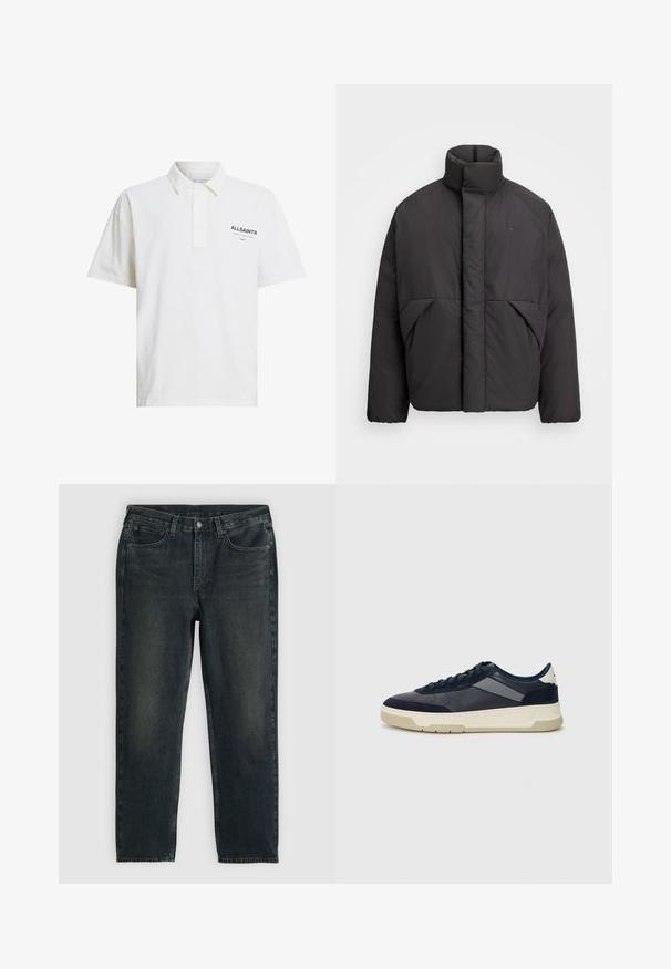 Czarna puchowa kurtka z wysokim kołnierzem, ukrytą z przodu zamkiem błyskawicznym, bocznymi kieszeniami i haftowanym logo na górnej lewej stronie klatki piersiowej.; Biała koszulka polo z bawełny, z krótkim rękawem, z zapięciem na guziki i czarnym logo po lewej stronie. Gładka tekstura, klasyczny fason.; Granatowe dżinsy o prostym kroju, wyposażone w pięć kieszeni, z zamek błyskawicznym i kontrastowym przeszyciem. Subtelne wyblaknięcie na materiale.; BOSS BALTIMORE niebieski