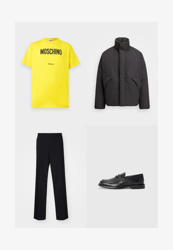 Jachetă pufă neagră cu guler înalt, fermoar frontal ascuns, buzunare laterale și logo brodat pe partea superioară stângă a pieptului.; Tricou galben din bumbac, cu logo negru "Moschino" și textul "Milano", guler rotund, mâneci scurte și croială lejeră.; Pantaloni negri, croiți pe baza unei linii elegante, cu un design cu picioare largi, având o textură netedă și pliuri bine definite, fabricați dintr-un material țesut.; Loafers din piele neagră au un vârf rotunjit, detalii cusute și un mic accent auriu în față. Talpa este plată și discretă.