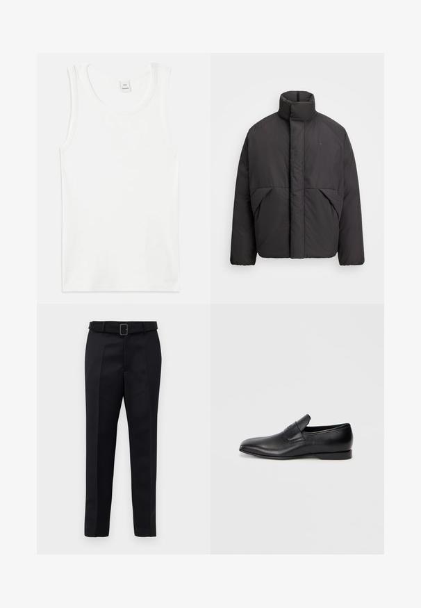 Sort pufferjakke med høj krave, skjult frontlynlås, sidelommer og broderet logo på den øverste venstre bryst.; Hvid bomulds tanktop med rund halsudskæring og ærmeløs design. Glat tekstur og lige skæring uden mønstre eller udsmykninger.; Sorte skræddersyede bukser har et glat stof, lige snit og en bæltestrop med en rektangulær spænde. Bemærkelsesværdige forreste folder fremhæver designet.; Sorte læder slip-on sko med spids tå, glat overflade og diskret branding på siden. Lav hæl med et rent, minimalistisk design.