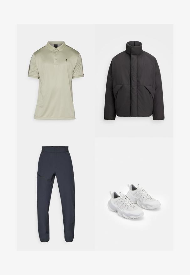 Sort pufferjakke med høj krave, skjult frontlynlås, sidelommer og broderet logo på den øverste venstre bryst.; Peak Performance PLAYER - Poloshirts - limit green/pine needle; Mørkeblå tekniske bukser lavet af syntetisk materiale; har en flad talje, to frontlommer og en ekstra lynlåslomme på siden.; Hvide løbesko med en mesh-overdel, grå accenter, struktureret gummisål og stropper på hælen; har et snørebåndsdesign.