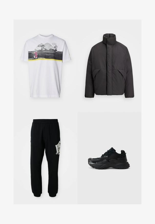 Black puffer jacket with high collar, concealed front zipper, side pockets, and embroidered logo on the upper left chest.; Iceberg Print T-shirt - bianco ottico; Black sweatpants made of soft fabric, featuring a ribbed waistband and cuffs. Includes a graphic print in white and gray on the left leg.; Black athletic sneakers featuring mesh and suede materials, textured sole, rounded toe, and Versace logo detail on the side.