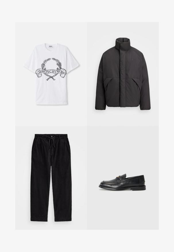 Juodas pūkinis švarkas su aukštu apykakle, paslėptu priekiu užtrauktuku, šoninėmis kišenėmis ir išsiuvinėtu logotipu viršutinėje kairėje krūtinės pusėje.; Baltas medvilninis marškinėliai su juodu grafiniu dizainu, kuriame yra laurų vainikas ir žodis „MOSCHINO“ juostelėje per vidurį.; Juodo kanapinio audinio kelnių modelis, turintis laisvą siluetą, su elastingu juosmeniu ir raiščiu, bei šoninėmis kišenėmis. Audinys turi išilginę tekstūrą.; Juodi odiniai loaferiai turi apvalų nykštį, siuvinėtus detalės ir mažą aukso akcentą priekyje. Padas yra plokščias ir diskretiškas.