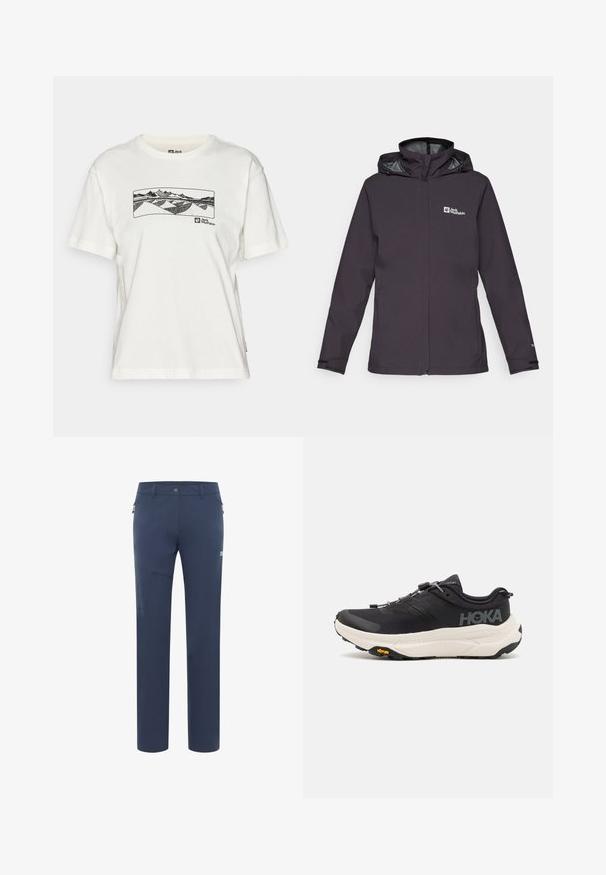 Herren wasserdichte Jacke in Dunkelgrau, mit einem Frontreißverschluss, verstellbarer Kapuze und Logodetail auf der linken Brust. Glatte Textur, taillierte Passform.; Weißes Baumwoll-T-Shirt mit einem schwarzen Liniendesign von Bergen und Hügeln auf der Brust, sowie einem Logo auf der unteren Seite.; Marineblaue Outdoor-Hosen aus leichtem Stoff mit einer Reißverschlusstasche und einer verstärkten Konstruktion am Oberschenkel für zusätzliche Haltbarkeit.; Schwarze Sportschuhe mit einem atmungsaktiven Mesh-Obermaterial, Gummisohle, weißem dämpfenden Zwischensohle und reflektierenden Schnürsenkeln. Vibram-Logo auf der Sohle.