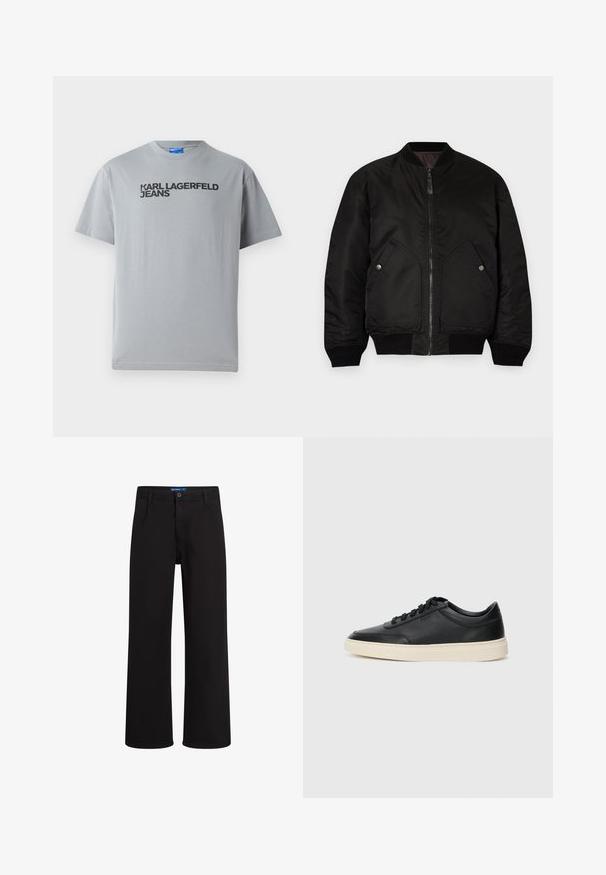 Melns bomber jakas ar priekšējo rāvējslēdzēju, ribotām aprocēm un divām lielām sānu kabatām. Iezīmējas ar gludu, matētu tekstūru un apaļu apkakli.; Pelēka kokvilnas T-kreklu ar īsām piedurknēm un apaļu izgriezumu. Melns teksts "KARL LAGERFELD JEANS" uz priekšu.; Melni taisnie bikses ar pogu un rāvējslēdzēju, jostu cilpiņām un sānu kabatām, izliktas uz baltas fona.; Melnas zemas ādas sporta kurpes ar melnām auklām un off-white zoli, rādītas no sānu profila uz baltā fona.
