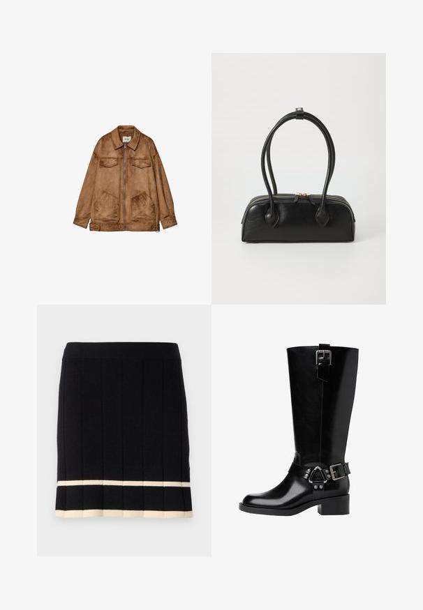 Hnedá semišová bunda so zipsom vpredu, dvoma náprsními vreckami a dvoma väčšími dolnými vreckami. Má klasický golier a voľný strih.; Čierno-biely pruhovaný skrátený top, rebrovaná textúra, krátke rukávy s vlnitými okrajmi, okrúhly výstrih, voľný strih.; Čierna pletená sukňa s vertikálnym ryhovaním a kontrastným krémovým prúžkom na spodnom leme. Elastický pás. Klasický dizajn.; Čierne kožené vysoké čižmy po kolená s okrúhlou špičkou, masívnym podpätkom, nastaviteľným remienkom s kovovými akcentmi a lesklým povrchom.; Čierna kožená kabelka s dvoma predĺženými ušami, zipsovým uzáverom a zaobleným tvarom; hladký povrch s jemným lesklým nádychom.