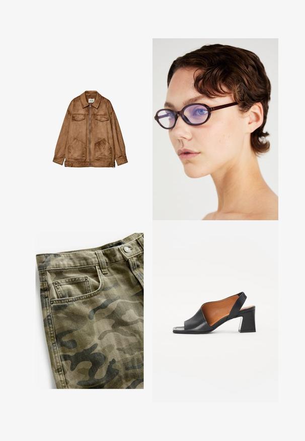Hnedá semišová bunda so zipsom vpredu, dvoma náprsními vreckami a dvoma väčšími dolnými vreckami. Má klasický golier a voľný strih.; Čierno-biely pruhovaný skrátený top, rebrovaná textúra, krátke rukávy s vlnitými okrajmi, okrúhly výstrih, voľný strih.; Next Denimové šortky - camo print; Čierne kožené sandále s otvorenou špičkou, s popruhom na päte a štvorcovým podpätkom, s hnedým interiérom. Vybavené zakriveným horným dizajnom a štruktúrovanou podrážkou.; Hnedé okuliare s oválnym rámom a priehľadnými fialovými šošovkami; elegantný dizajn a hladká textúra. Nosí ich osoba s krátkymi vlnitými vlasmi.; Čierna kožená kabelka s dvoma predĺženými ušami, zipsovým uzáverom a zaobleným tvarom; hladký povrch s jemným lesklým nádychom.
