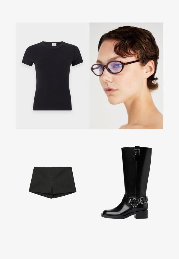 Hnědá semišová bunda se zipem vpředu, dvěma náprsními kapsami a dvěma většími spodními kapsami. Má klasický límec a volnější střih.; Černé tričko s krátkým rukávem vyrobené z měkké a elastické tkaniny, s klasickým kulatým výstřihem a přiléhavým střihem, které je vhodné pro vrstvení nebo na běžné nošení.; Černé kraťasy vyrobené z texturované tkaniny, s vysokým pasem a přiléhavým střihem s předními švy. Žádné kapsy ani uzávěry nejsou viditelné.; Černá kožená vysoká bota po kolena s kulatou špičkou, masivním podpatkem, nastavitelným popruhem s kovovými akcenty a lesklým povrchem.; Hnědé oválné brýle s průhlednými fialovými skly; elegantní design a hladká textura. Noseny na osobě s krátkými vlnitými vlasy.; Černá kožená kabelka s dvěma dlouhými uchy, zipovým uzávěrem a zaobleným tvarem; hladký povrch s jemným lesklým finišem.