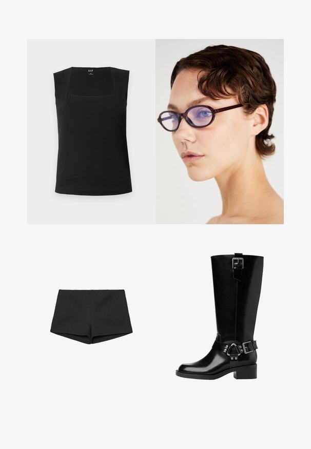 Brązowa zamszowa kurtka z zamkiem z przodu, dwoma kieszeniami na piersi i dwoma większymi dolnymi kieszeniami. Ma klasyczny kołnierzyk i luźny krój.; Czarna bezrękawnik z kwadratowym dekoltem. Wykonana z miękkiego materiału, ma dopasowany krój i gładką teksturę, idealna do warstwowania.; Czarne spodenki wykonane z teksturowanej tkaniny, z wysokim pasem i dopasowanym krojem z przednimi szwami. Brak widocznych kieszeni lub zapięć.; Czarne skórzane kozaki do kolan z okrągłym noskiem, masywnym obcasem, regulowanym paskiem z metalowymi akcentami oraz błyszczącym wykończeniem.; Brązowe, owalne okulary w ramce z przezroczystymi fioletowymi szkłami; smukły design i gładka tekstura. Noszone przez osobę z krótkimi, falującymi włosami.; Czarna skórzana torebka na ramię z dwoma wydłużonymi uchwytami, zamknięciem na zamek i zaokrąglonym kształtem; gładka tekstura z subtelnym połyskiem.
