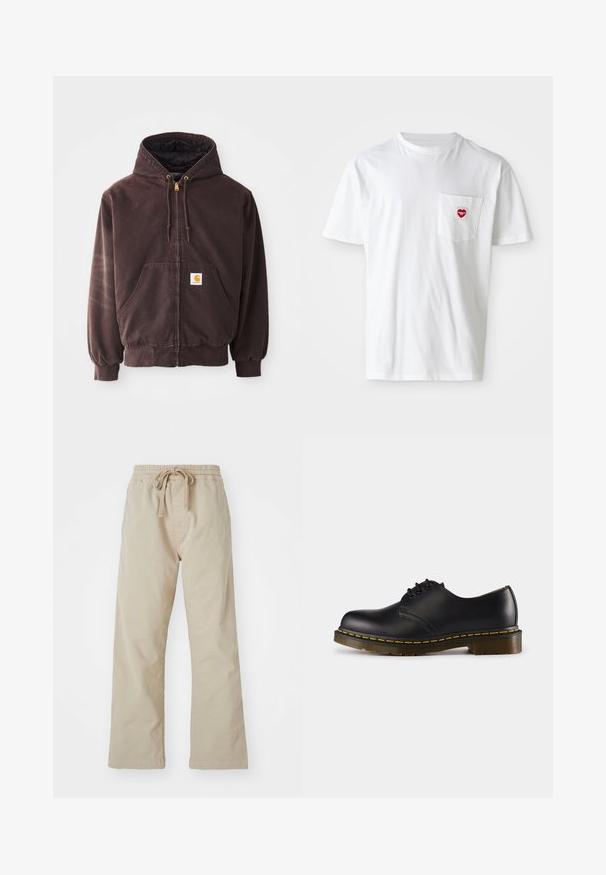 Smeđi dukserica na zip s kapuljačom, dva prednja džepa, rebrasti rukavi i rub. Ima zlatne vrhove na vezicama i bijelu oznaku s logotipom na džepu.; Bijela pamučna majica s okruglim izrezom i kratkim rukavima. Ima mali crveni logo srca na lijevoj strani džepa.; Bež pamukane hlače s elastičnom pasicom i vezicom. Ravne nogavice, glatka tekstura i bez vidljivih uzoraka ili akcenta.; Crna kožna cipela s zaobljenim prstom, dizajnom na vezivanje, žutim šavovima duž pete i debelim, teksturiranim gumiranim đonom.