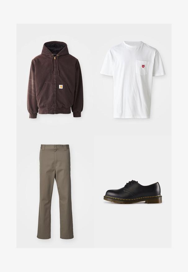 Brown zip-up hoodie with a hood, two front pockets, ribbed cuffs, and hem. Features golden drawstring ends and a white logo patch on the pocket.; White cotton t-shirt with a round neckline and short sleeves. Features a small red heart logo on the left chest pocket.; Brown straight-leg trousers with belt loops, front zipper, and no visible pockets, displayed on a white background.; Black leather shoe with rounded toe, lace-up design, yellow stitching along the sole, and a chunky, textured rubber outsole.