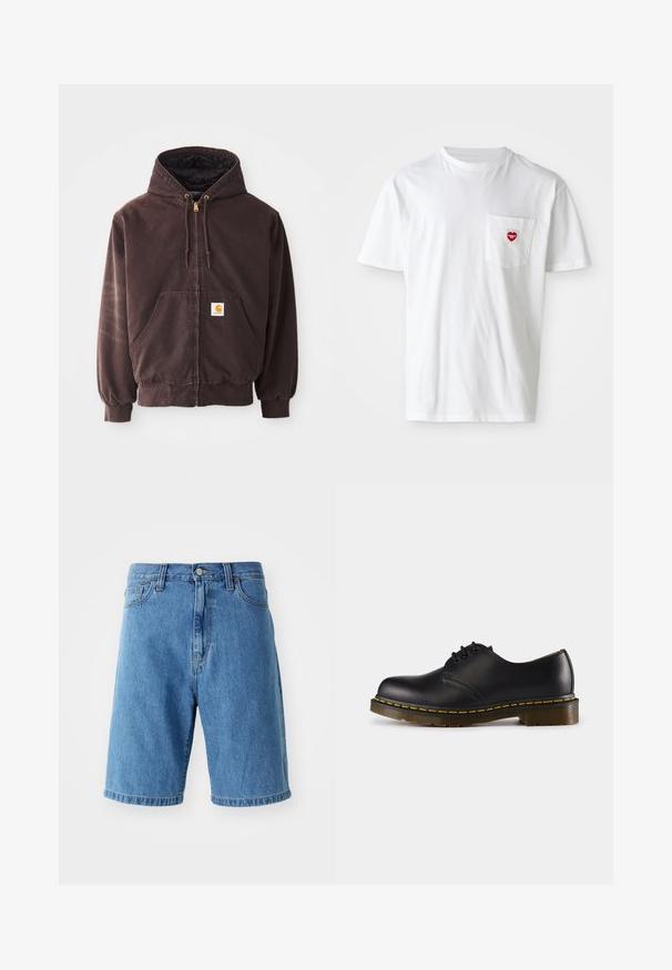 Ruskea vetoketjullinen huppari, jossa on huppu, kaksi etutaskua, ribbaatut hihansuut ja helma. Ominaisuuksiin kuuluvat kultaiset narun päät ja valkoinen logo-patch taskussa.; Valkoinen puuvillapaita, jossa on pyöreä kaula-aukko ja lyhyet hihat. Vasemmassa rintataskussa on pieni punainen sydänlogo.; Siniset farkkushortsit rentoa istuvuutta, vyötärö, jossa on vyölenkit, edessä nappikiinnitys ja käännetyt lahkeet. Ei näkyviä kuvioita tai yksityiskohtia.; Musta nahkakenkä, jossa on pyöreä kärki, nauhakiinnitys, keltainen päällinen pohjan ympärillä ja tukeva, teksturoitu kumipohja.