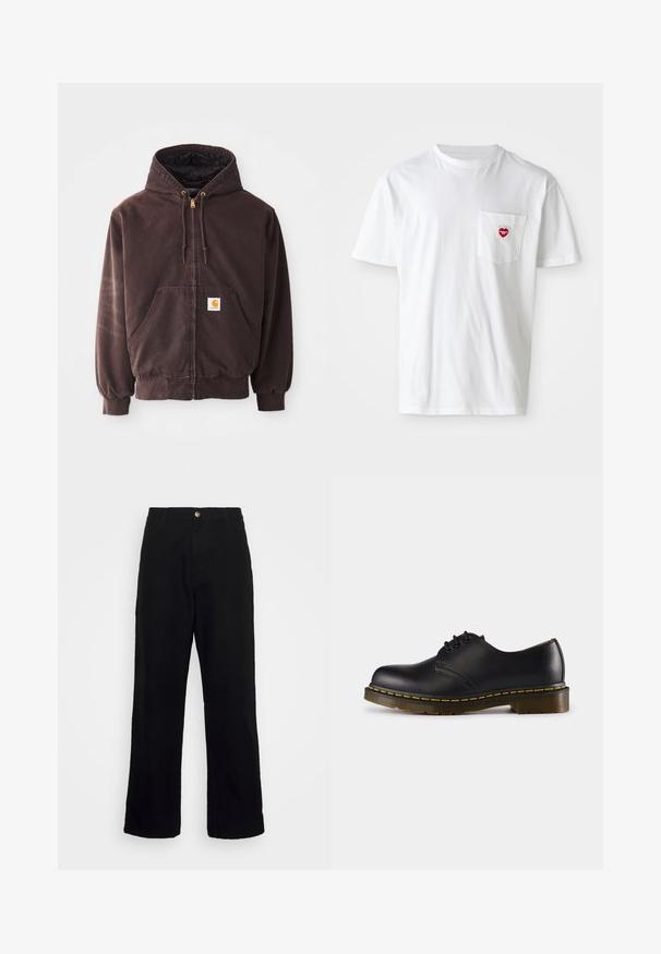 Brun zip-up hættejakke med hætte, to forreste lommer, ribbede manchetter og krave. Har gyldne snoreender og et hvidt logo-patch på lommen.; Hvid bomulds T-shirt med rund halsudskæring og korte ærmer. Har et lille rødt hjerte-logo på venstre brystlomme.; Sorte bukser lavet af tungt stof, med lige ben-design, forlommer, lynlås og en enkelt metallisk knaplukning.; Sort lædersko med rund tå, snørebåndsdesign, gul syning langs sålen og en kraftig, tekstureret gummisål.