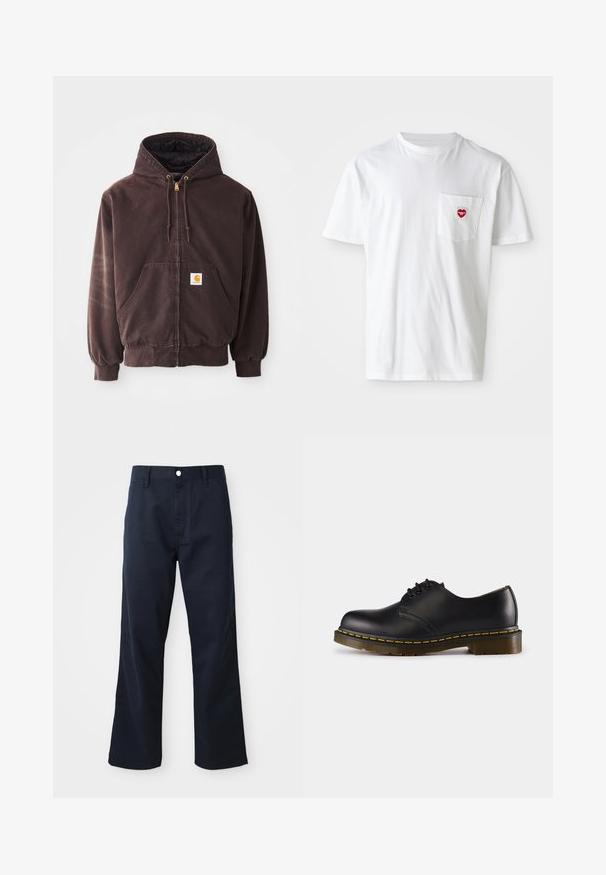 Brauner Reißverschluss-Hoodie mit Kapuze, zwei Vordertaschen, gerippten Bündchen und Saum. Verfügt über goldene Kordelenden und ein weißes Logo-Patch auf der Tasche.; Weißes Baumwoll-T-Shirt mit rundem Halsausschnitt und kurzen Ärmeln. Verfügt über ein kleines rotes Herzlogo auf der linken Brusttasche.; Navyblaue Baumwollhose mit geradem Bein, ausgestattet mit einem Reißverschluss, Knopfverschluss und Vordertaschen. Glatte Textur und saubere Verarbeitung.; Schwarzer Lederschuh mit abgerundeter Zehenpartie, Schnürdesign, gelbe Stickerei entlang der Sohle und einer kräftigen, strukturierten Gummisohle.