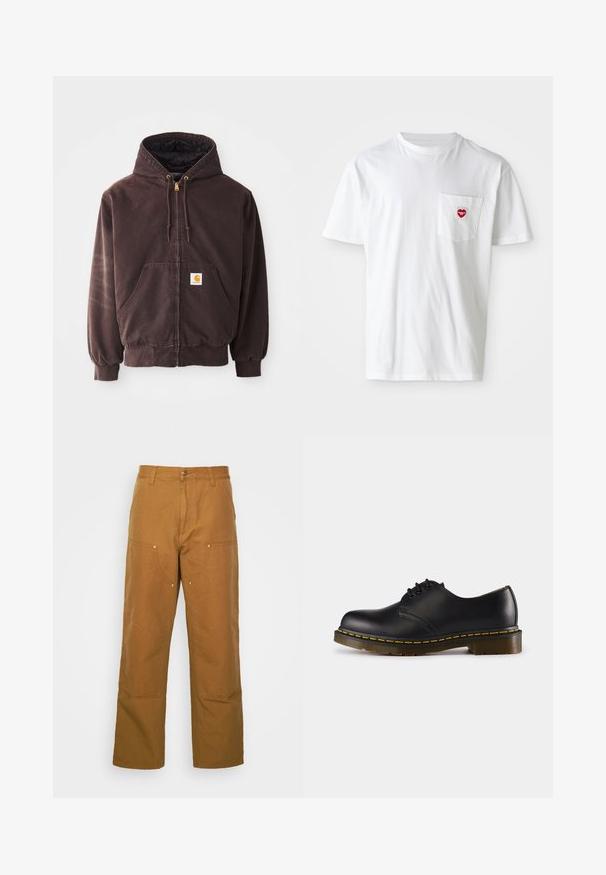 Sweatshirt bege com fecho éclair, capuz, dois bolsos frontais, punhos e bainha canelados. Apresenta extremidades do cordão em dourado e um patch de logotipo branco no bolso.; Camiseta branca de algodão com decote redondo e mangas curtas. Apresenta um pequeno logo em forma de coração vermelho no bolso esquerdo do peito.; Calças utilitárias de algodão castanho com um design de perna reta, apresentando bolsos frontais e detalhes em metal para uma maior durabilidade.; Shoe preto de couro com biqueira arredondada, design de atacador, costura amarela ao longo da sola e uma sola de borracha texturizada e robusta.