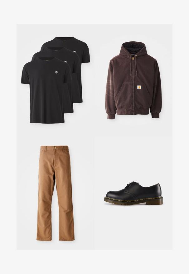 Barna, cipzáros kapucnis pulóver, kapucnival, két elülső zsebbel, bordázott mandzsettával és aljúval. Arany színű zsinórvégek és fehér logófolt található a zsebén.; Három fekete pamut póló kerek nyakkal, rövid ujjakkal és egy kis fehér logóval a bal mellrészen. Simaszerkezet és normál szabás.; Barna egyenes szárú nadrág övbelépőkkel, elülső zsebekkel, gombos záródással és cipzáros sliccel, fehér háttérrel.; Fekete bőr cipő lekerekített orral, fűzős kialakítással, sárga varrással a talp mentén és masszív, texturált gumi talppal.