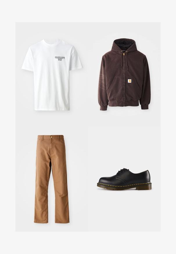 Brown zip-up hoodie with a hood, two front pockets, ribbed cuffs, and hem. Features golden drawstring ends and a white logo patch on the pocket.; White cotton t-shirt with a crew neckline. Features small blue text logo “CARHARTT WIP” on the left chest. Classic fit, short sleeves.; Brown straight-leg pants with belt loops, front pockets, button closure, and zipper fly on a white background.; Black leather shoe with rounded toe, lace-up design, yellow stitching along the sole, and a chunky, textured rubber outsole.