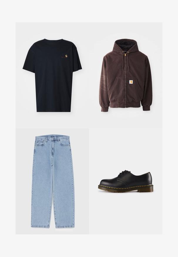 Sweatshirt bege com fecho éclair, capuz, dois bolsos frontais, punhos e bainha canelados. Apresenta extremidades do cordão em dourado e um patch de logotipo branco no bolso.; Carhartt WIP AMERICAN SCRIPT - T-shirt básica - air force blue; Jeans de denim azul claro com design de perna reta, apresentando uma cintura de altura média, cinco bolsos e um fecho de botão e zíper.; Shoe preto de couro com biqueira arredondada, design de atacador, costura amarela ao longo da sola e uma sola de borracha texturizada e robusta.