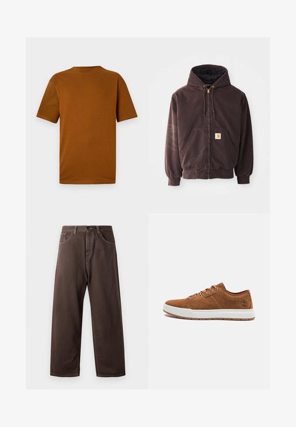 Brauner Reißverschluss-Hoodie mit Kapuze, zwei Vordertaschen, gerippten Bündchen und Saum. Verfügt über goldene Kordelenden und ein weißes Logo-Patch auf der Tasche.; Kurze Baumwoll-T-Shirt in verbranntem Orange. Merkmale sind ein Rundhalsausschnitt, eine lockere Passform und eine glatte Textur ohne Muster oder Verzierungen.; Braune weite Baumwollhosen mit einem klassischen Five-Pocket-Design, einem Reißverschluss und sichtbaren Nähdetails.; Braune Wildleder-Sneaker mit weißer Gummisohle, runder Zehenform, sechs Metallösen und geprägtem Logodetail an der Seite. Klassisches Schnürdesign.