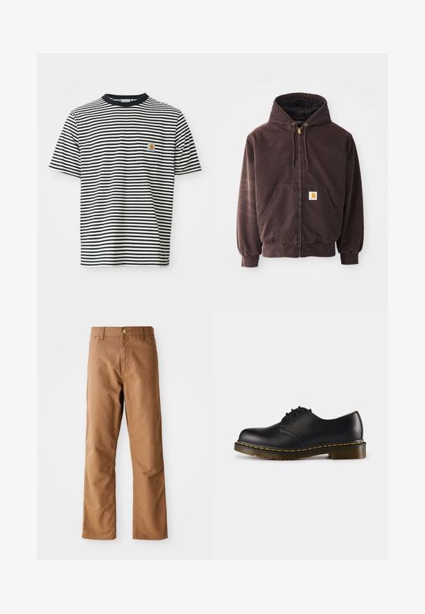 Hnědá zipová mikina s kapucí, dvěma předními kapsami, ribovanými manžetami a lemem. Obsahuje zlaté konce stahovací šňůrky a bílou nášivku s logem na kapse.; Černobílé horizontálně pruhované tričko s krátkým rukávem a malou náprsní kapsičkou s oranžovou nášivkou loga Carhartt.; Hnědé kalhoty rovného střihu s poutky na opasek, předními kapsami, zapínáním na knoflík a zipem na bílém pozadí.; Černá kožená bota s kulatou špičkou, šněrovacím designem, žlutým prošíváním podél podrážky a chunky, texturovanou gumovou podrážkou.