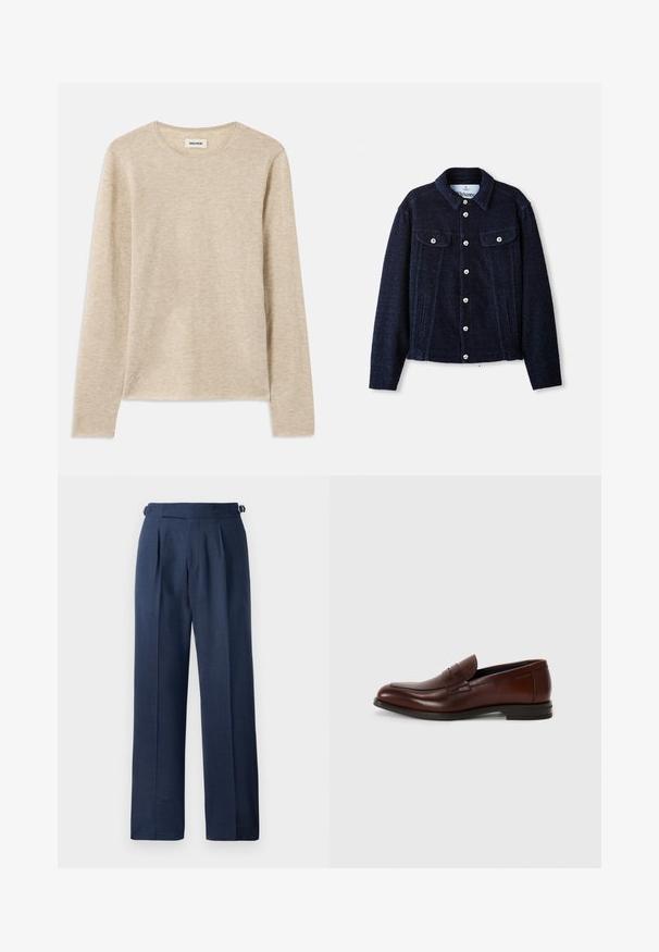 Marineblauwe jas gemaakt van textuurstof, met een kraag, lange mouwen, twee borstzakken en zilveren knopen om de voorkant te sluiten.; Beige langslavenshirt van zacht materiaal, met een ronde halslijn en subtiele stiksels aan de onderkant links.; Donkerblauwe op maat gemaakte broek, gemaakt van gestructureerde stof, met een hoge taille, plooien en verstelbare zijbanden voor een goede pasvorm.; Bruine leren instappers met een ronde neus, een detail met een bandje aan de voorkant en een lage gestapelde hak. Glad textuur met minimale decoratieve accenten.