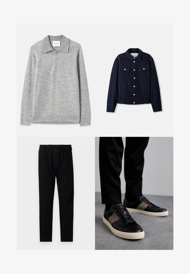 Tengerészkék dzseki struktúrált anyagból, gallérral, hosszú ujjakkal, két mellzsebbel és ezüst gombos záródással az elején.; Szürke pulóver, gallérral és fél cipzárral. Puha kötött anyagból készült, bordás szegéllyel és ujjakra, sima textúrával.; Fekete nadrág, testre szabott fazonnal, lapos elejű, egysoros redőkkel és gombos záródással. Sima anyagból készült, alkalmas formális viseletre.; Fekete bőr sportcipők színes csíkozással, kerek orral és fehér gumitalppal, fűzős kialakítással és dombornyomott logóval.